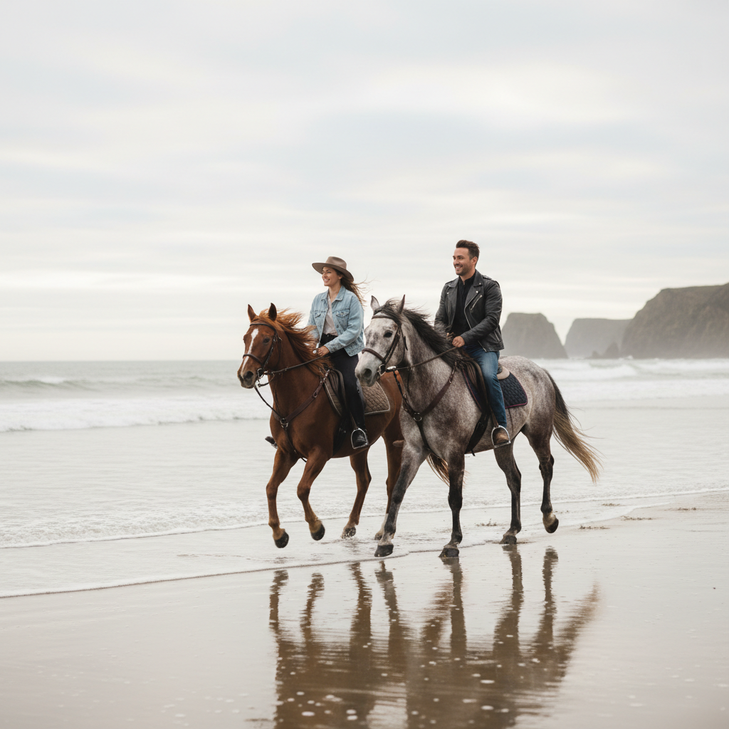 A man and woman ride horses along a wet sandy beach under an overcast sky.